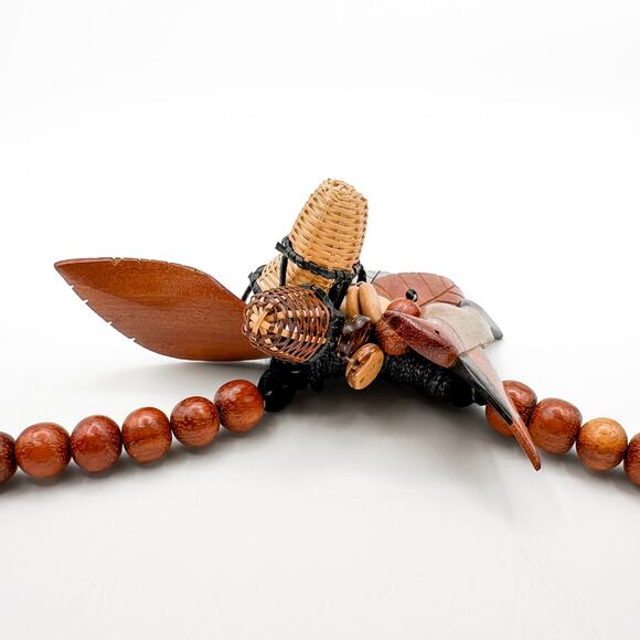 Carved Wood Hummingbird Statement Necklace Vtg Chunky Boho 1970s Beaded Handmade - Picture 11 of 13